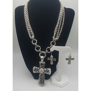 Rhinestone Silver Tone Cross Pendant Necklace with Matching Pierced Earrings